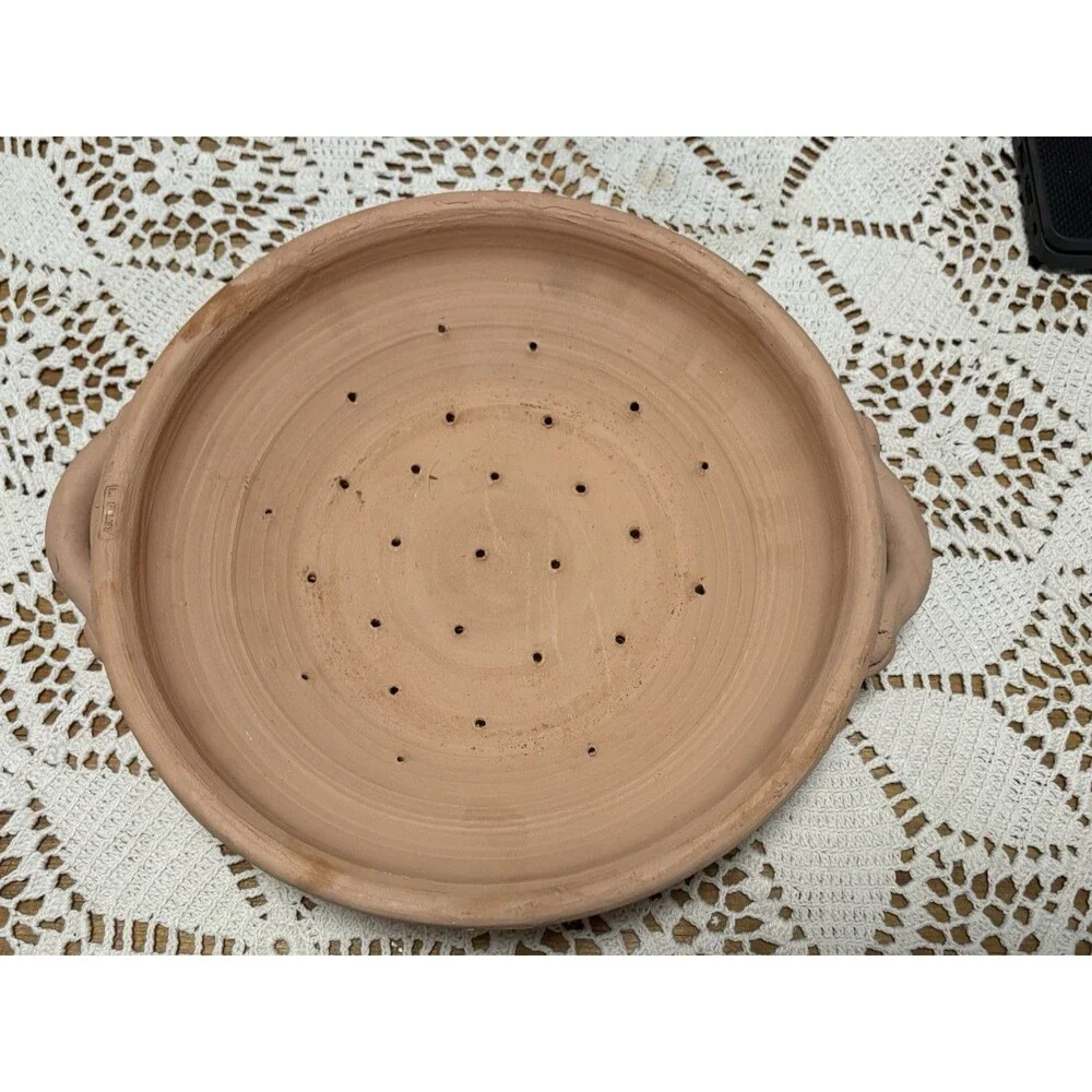 Handmade Brown Clay Ceramic Art Pottery Perforated Bowl w/ Handles Stamped